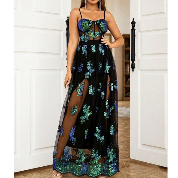 Floral Sequin Mesh Overlay Cami Party Dress - Picture 1 of 6